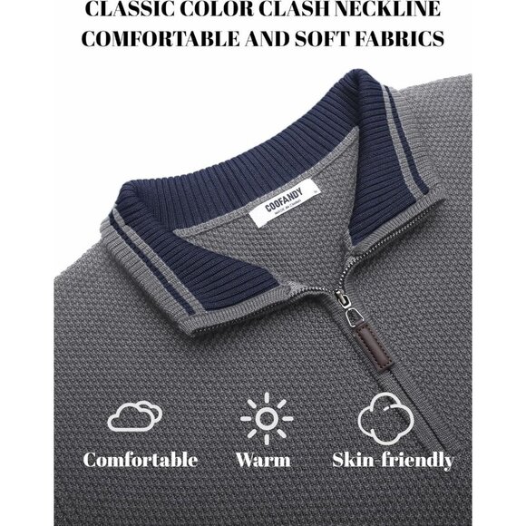 Men's Slim Fit Quarter Zip Pullover Sweater, Knit Mock Neck Polo Gray Sweater - Picture 5 of 6